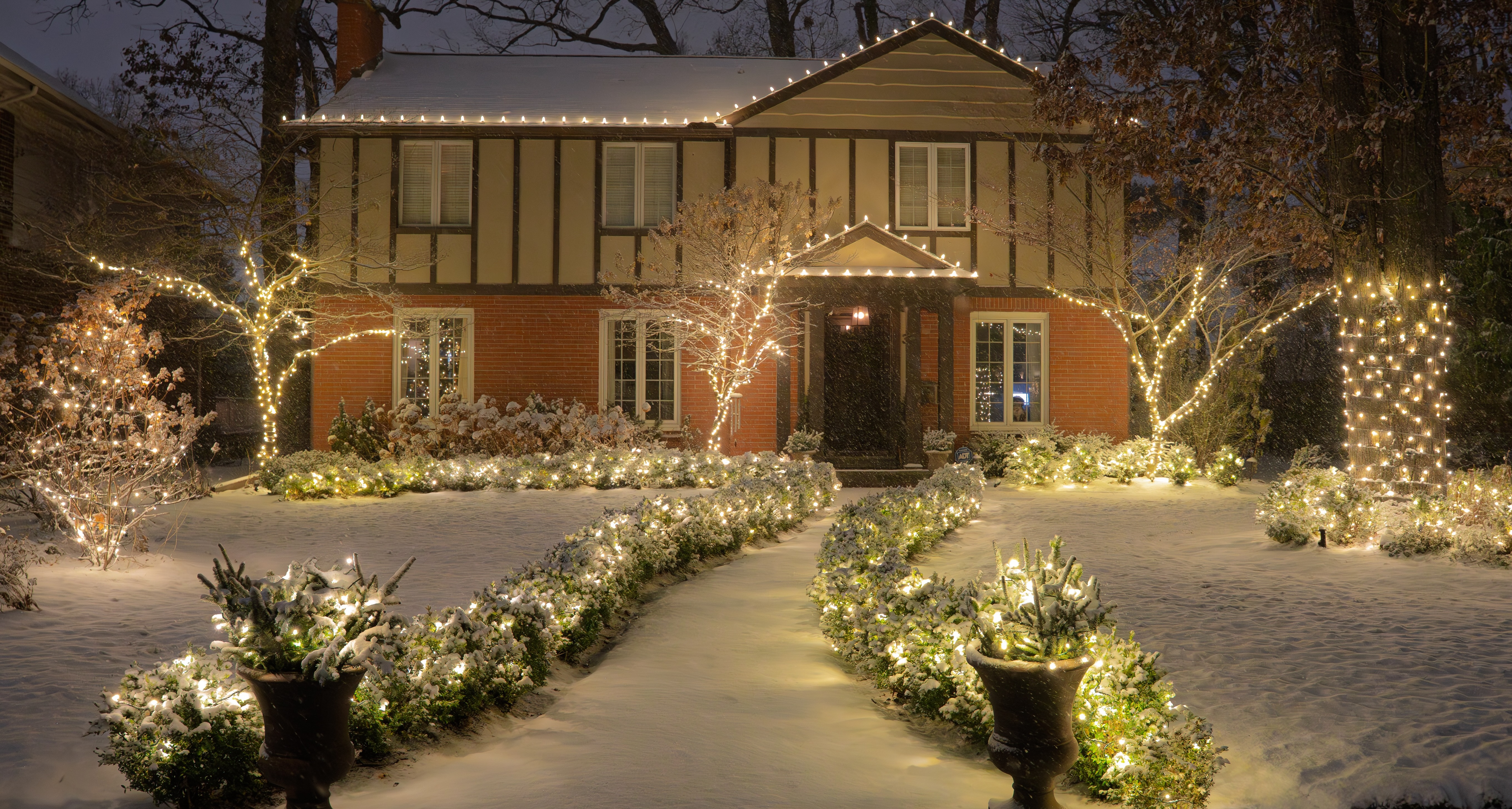 Snow-covered walkway bordered by glowing shrubs leading to a home with warm white roofline and tree lighting